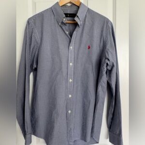 Ralph Lauren Blue Checkered Dress Shirt with Button-Down Collar